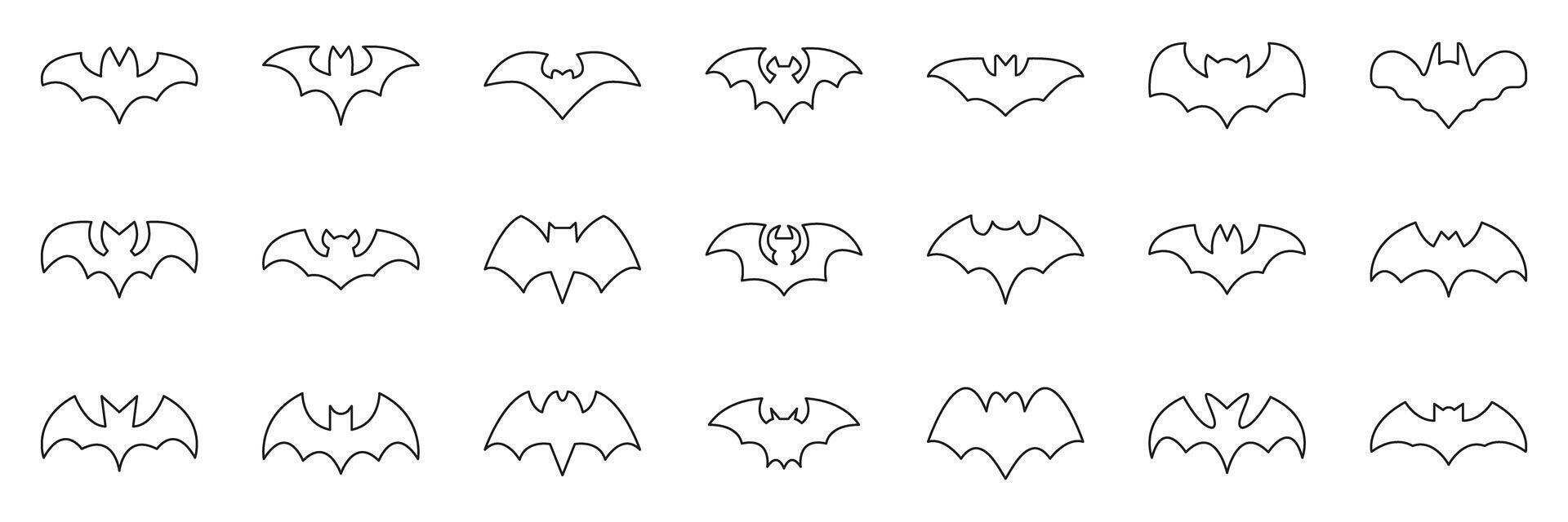 Bat Silhouette Icon Set. Halloween, Night Creatures, And Gothic Symbol Collection. Diverse Bat Wing Designs. Editable Stroke. Isolated Illustration vector