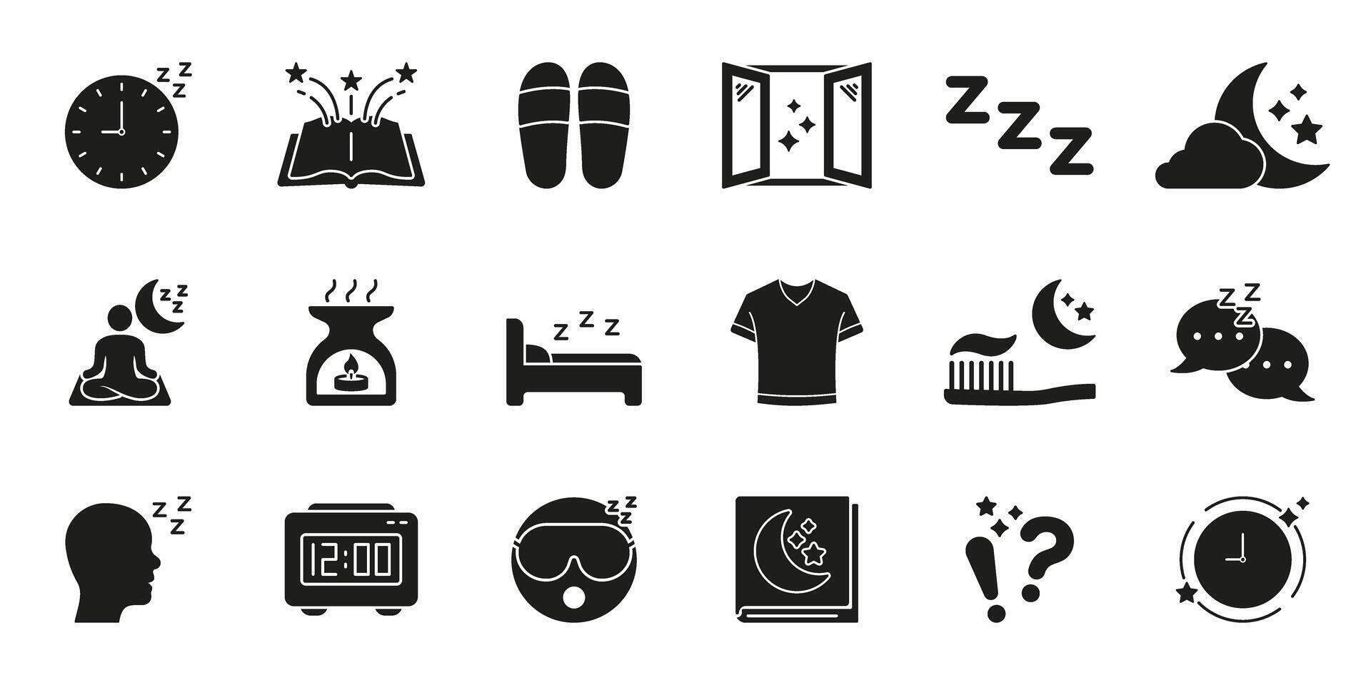 Sleep And Relaxation Themed Solid Icon Set. Nighttime Routine, Restful Sleep, Relaxation Silhouette Symbol Collection. Includes Meditation, Aromatherapy, Bedtime. Isolated Illustration vector