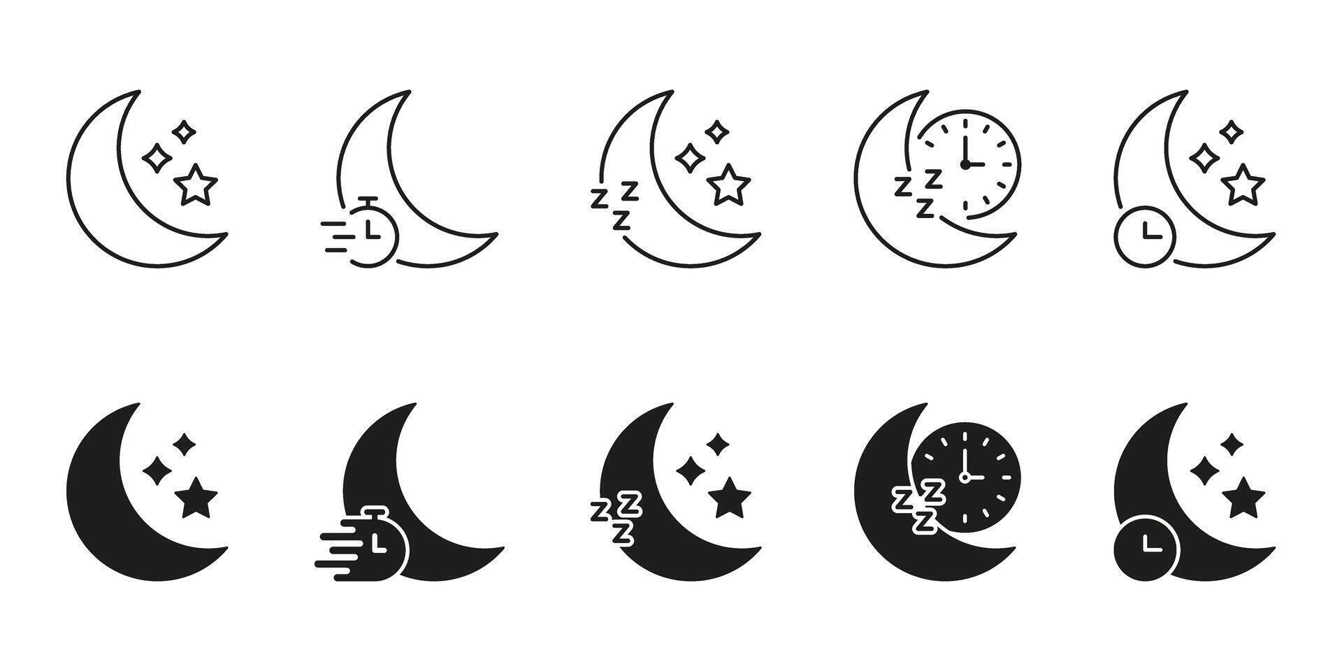 Crescent Moon And Clock Line And Solid Icon Set. Sleep Cycle, Nighttime, And Restful Sleep Tracking Silhouette Symbol Collection. Nocturnal Routine And Sleep Monitoring. Isolated Illustration vector