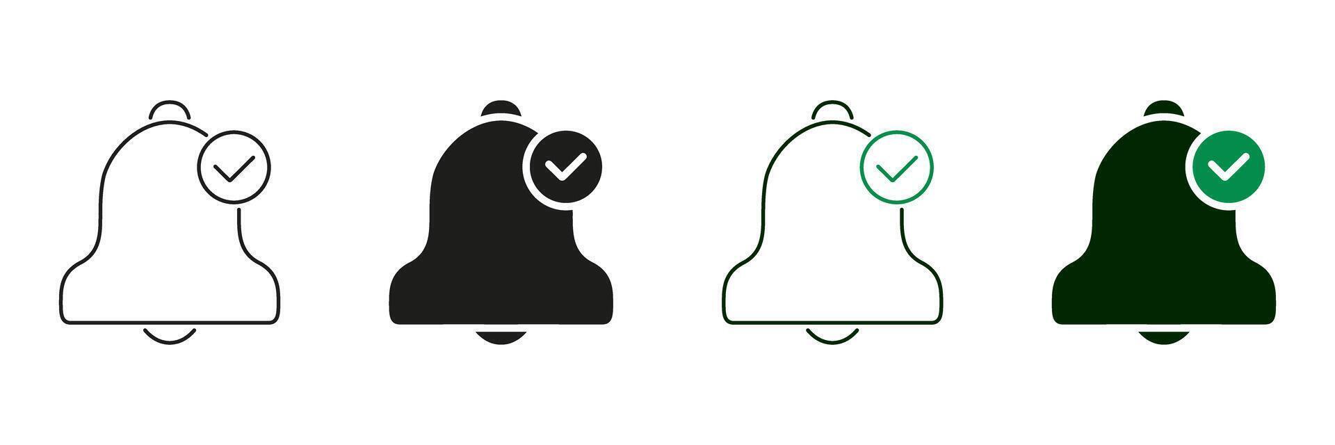 Notification Bell With Checkmark Line And Solid Icon Set. Alert Confirmation And Task Completion Symbol Collection. Reminder And Update Acknowledgment. Isolated Illustration vector