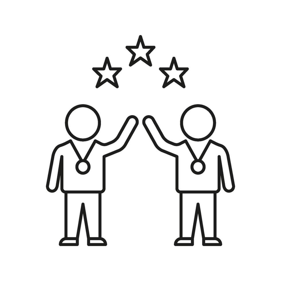 Two People High-Fiving With Medals And Stars Line Icon. Teamwork, Achievement, Success Celebration Outline Symbol. Collaborative Victory And Recognition. Editable Stroke. Isolated Illustration vector