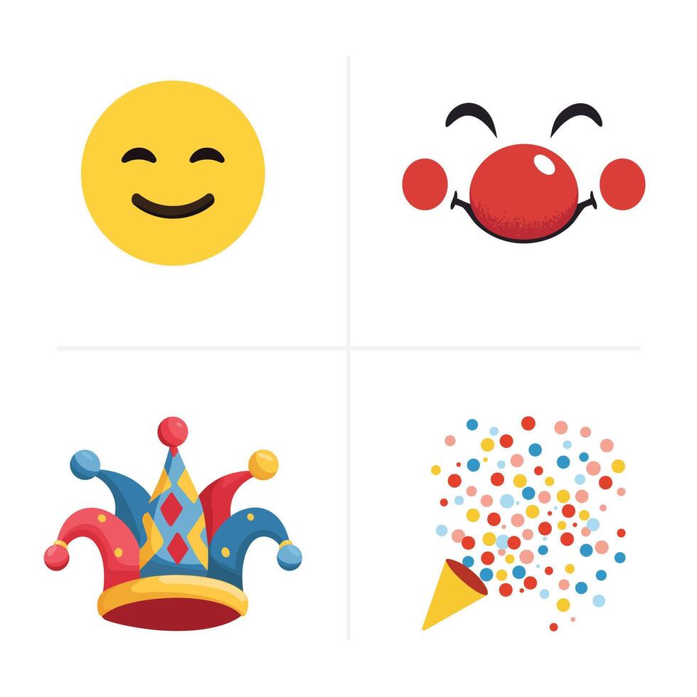 Big Red Nose Clown Face Party Popper Confetti Burst Colorful Clown Hat Smiling Emoji Face Illustration Set for International Joke Day vector