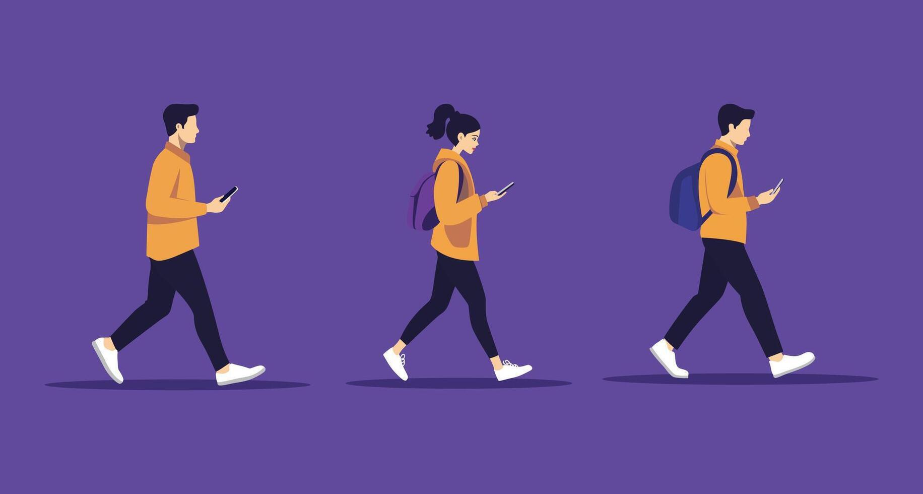People walking while looking at phones, flat illustration on purple background vector