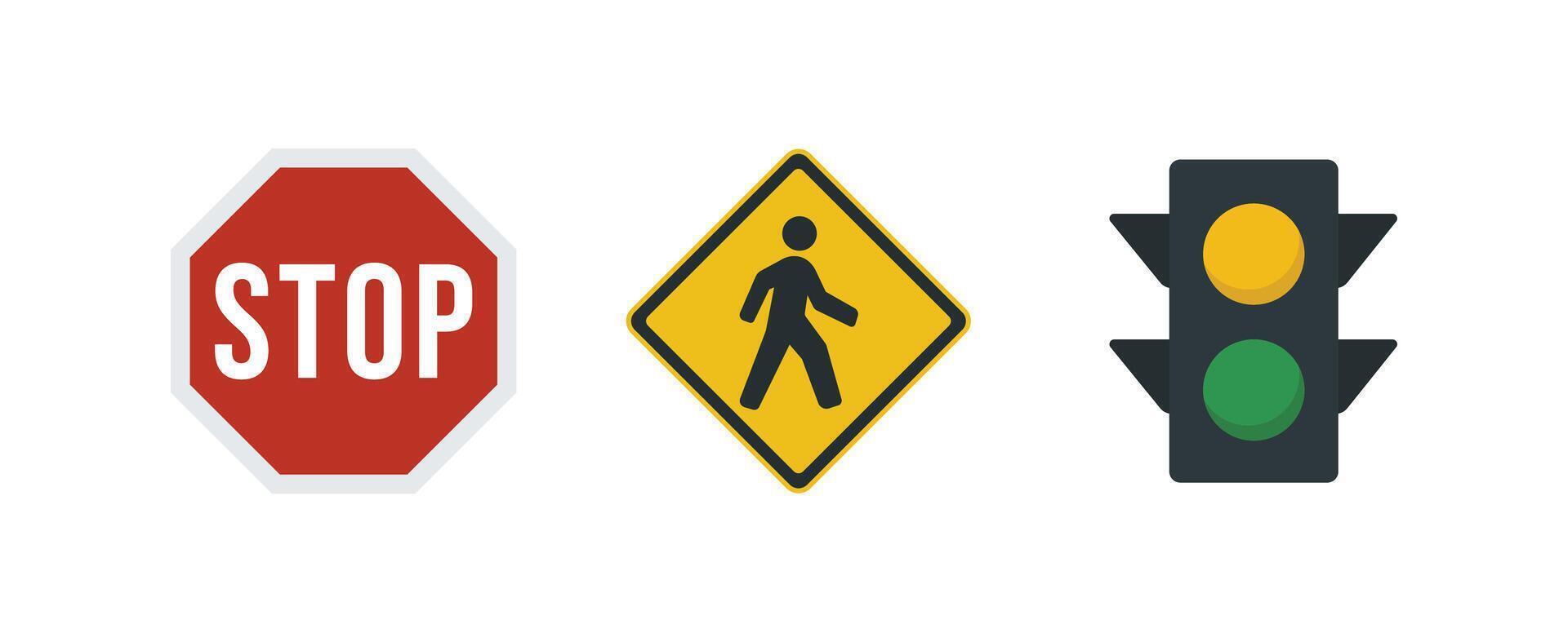 Set of Road Signs and Traffic Light Icon. Stop Sign, Pedestrian Crossing and Signal Light vector