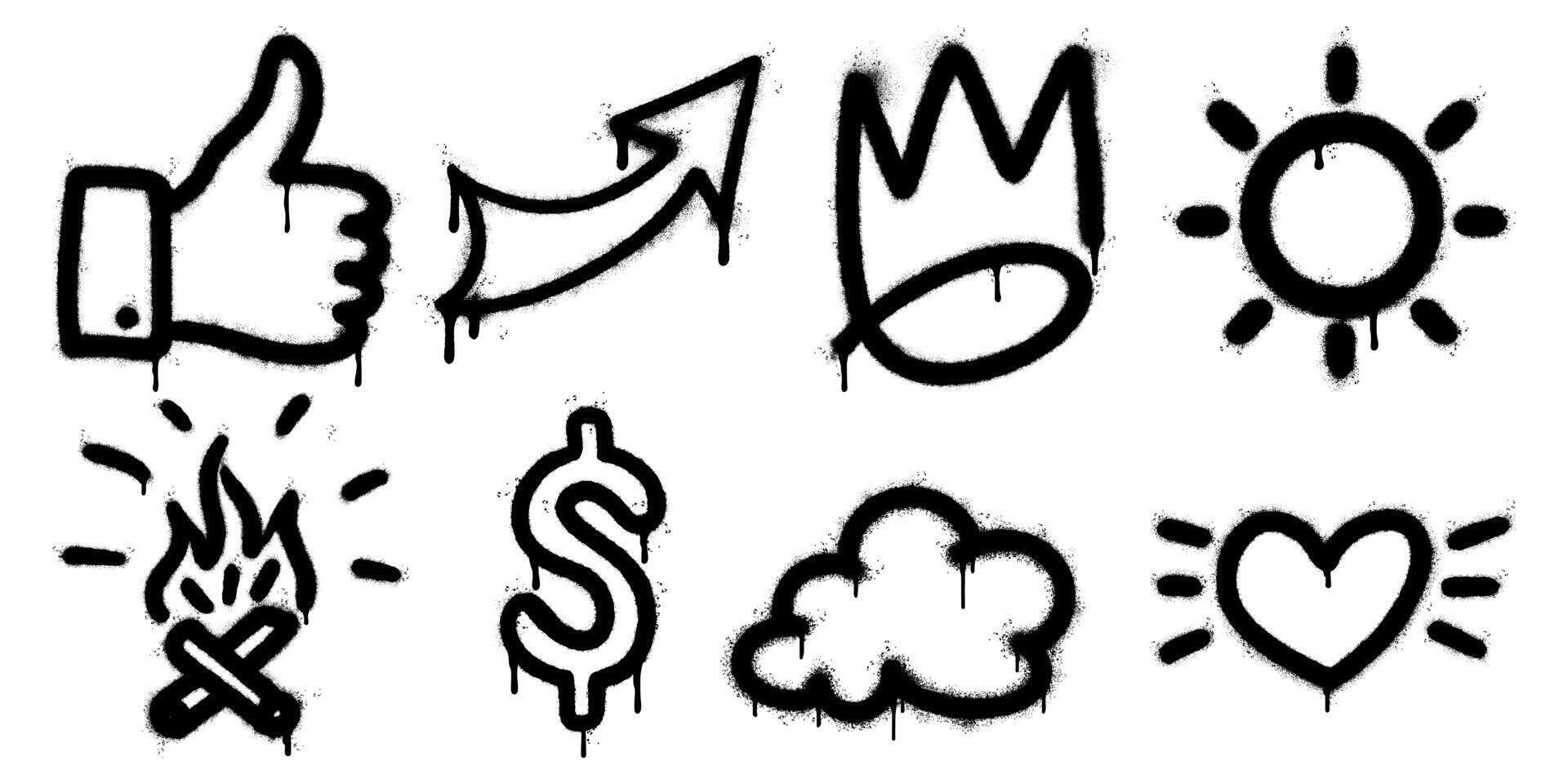 graffiti style icon set with black spray stencil elements. arrow, crown, heart, cloud, flame, sun, thumbs up, and dollar sign vector