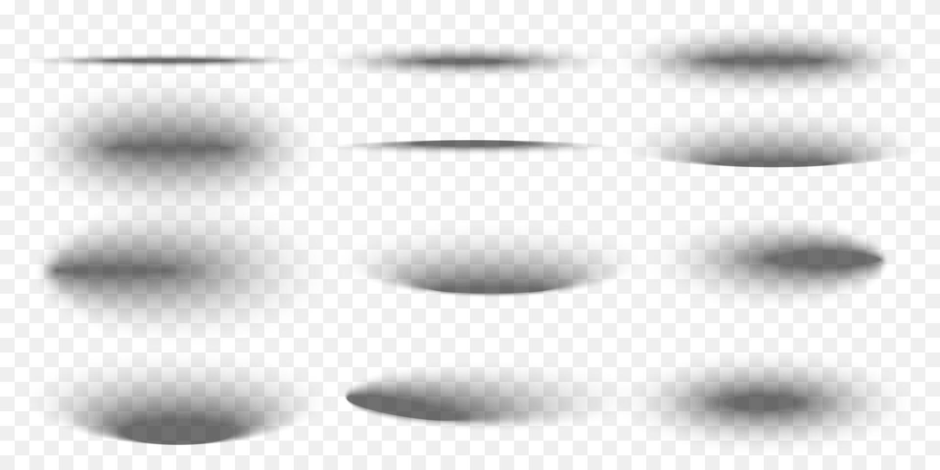 Set of oval packing box shadow effects. Different realistic soft grey shapes. Elliptic package shades. realistic illustration vector