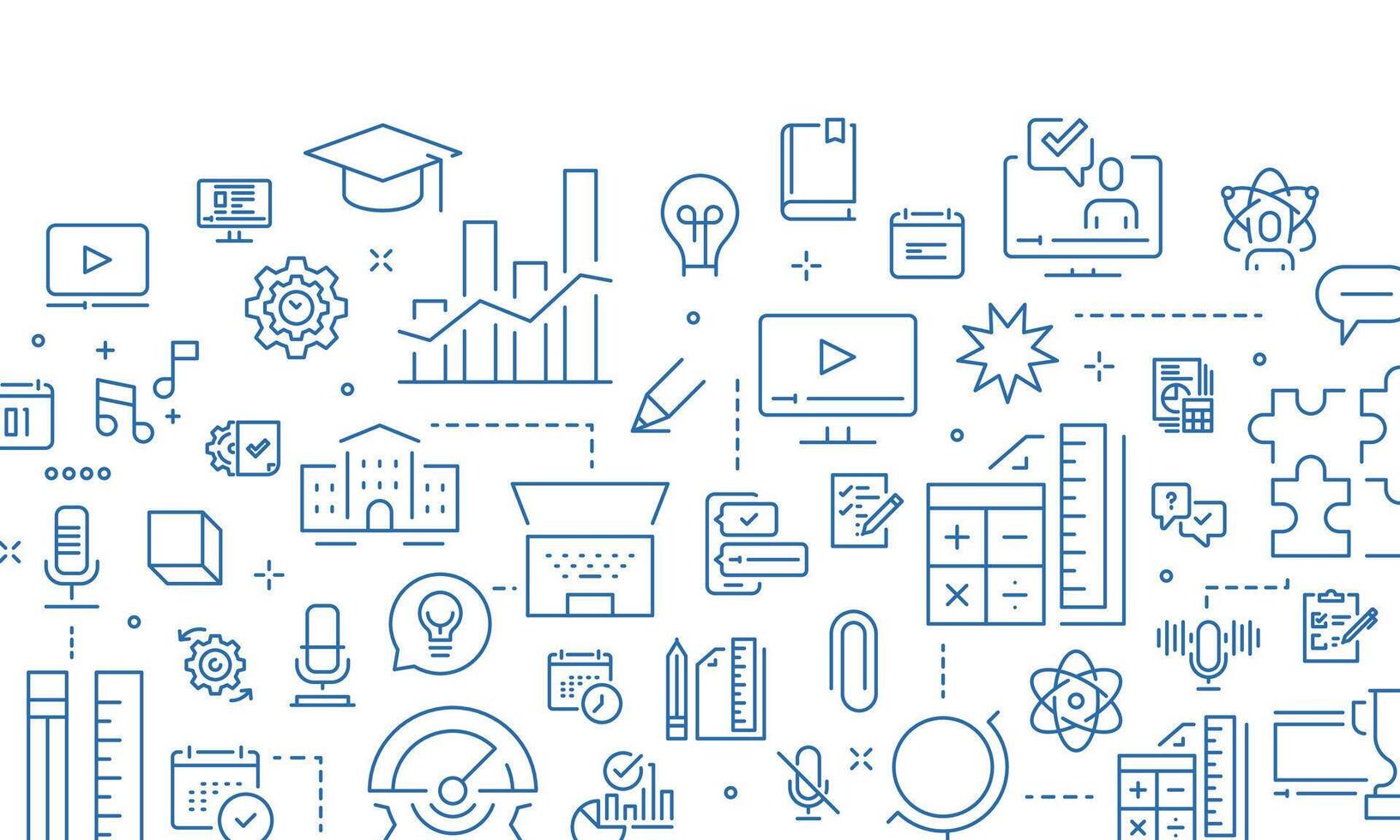 Online learning, distance education, internet access, working environment, computer equipment, modern desk setup outline icons, minimal contour style clean white background flat illustration. vector