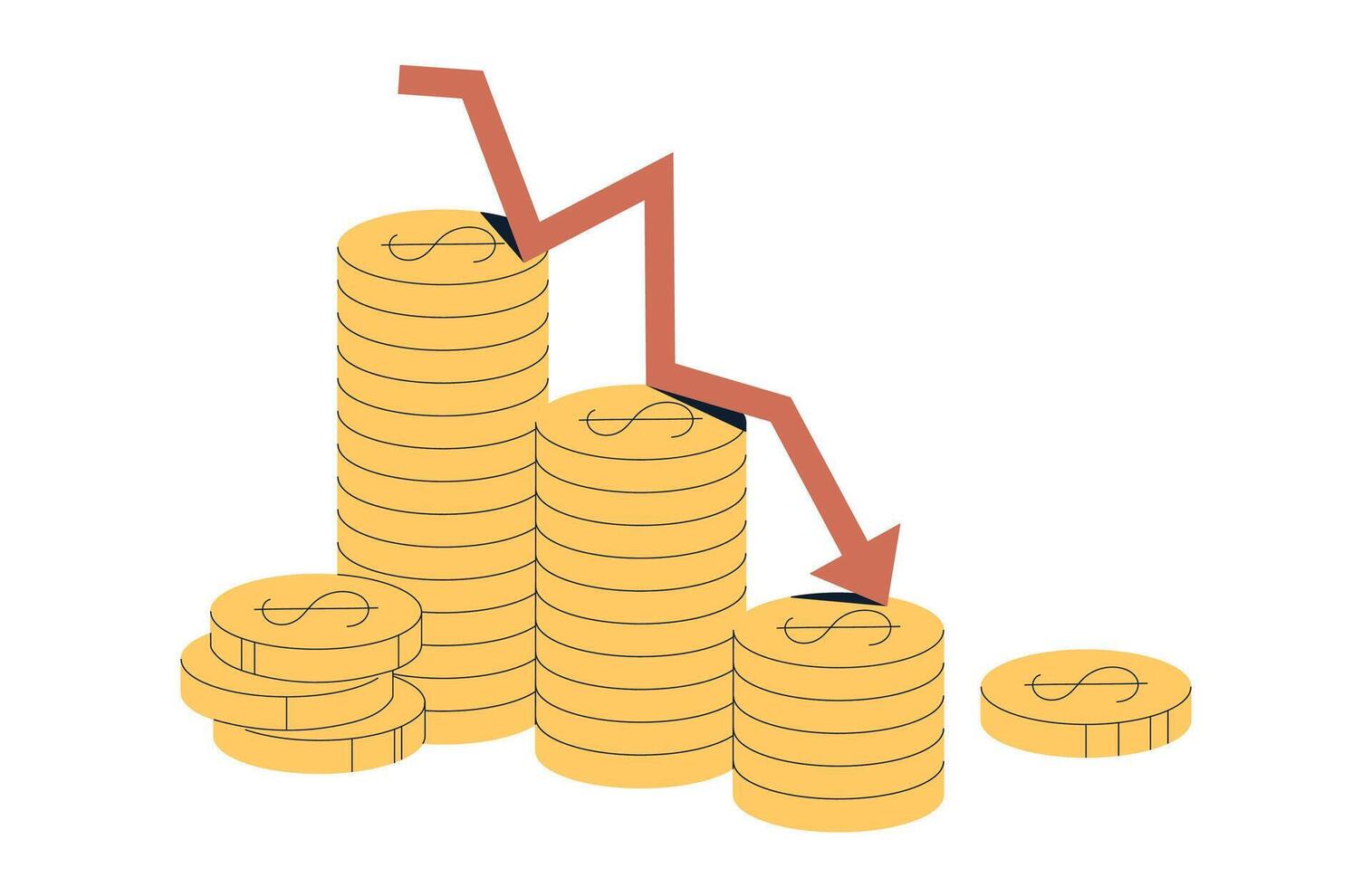 Recession and economic downturn, falling coin stacks, red arrow indicating decline, financial crisis, market loss, money devaluation, inflation impact, negative trend chart flat illustration. vector