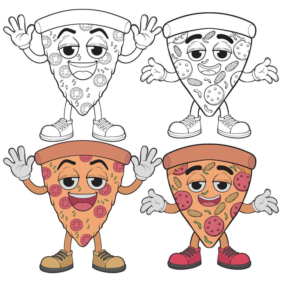 Bundling Set of cartoon pizza character. of pizza with cheese. Happy pizzeria mascot. vector