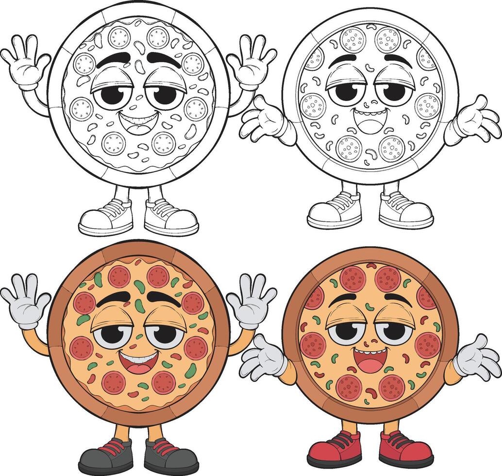 Bundling Set of cartoon pizza character. pizza with cheese. vector