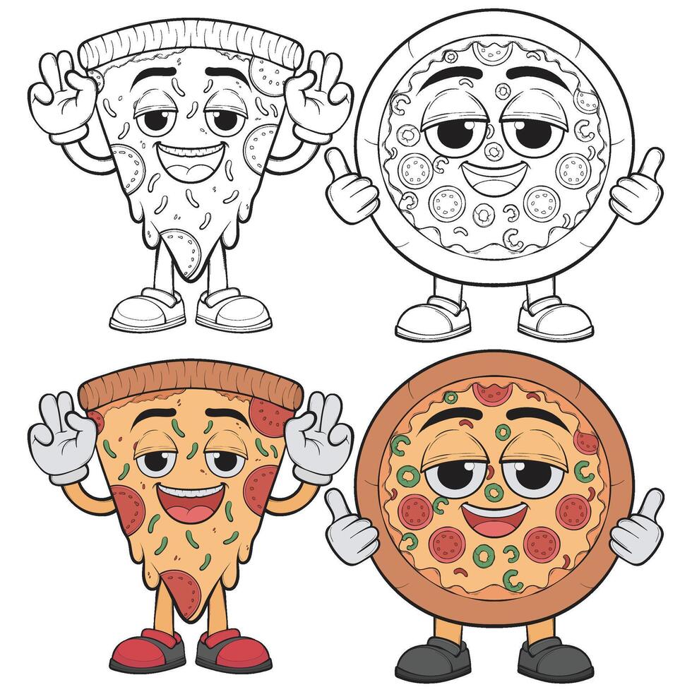 Bundling Set of cartoon pizza character. of pizza with cheese. Happy pizzeria vector