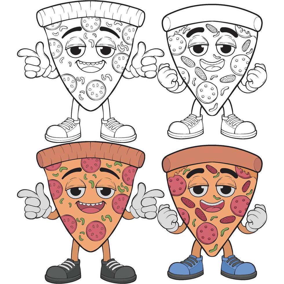 Bundling set of cartoon pizza character. of pizza with cheese. Happy pizzeria mascot character vector