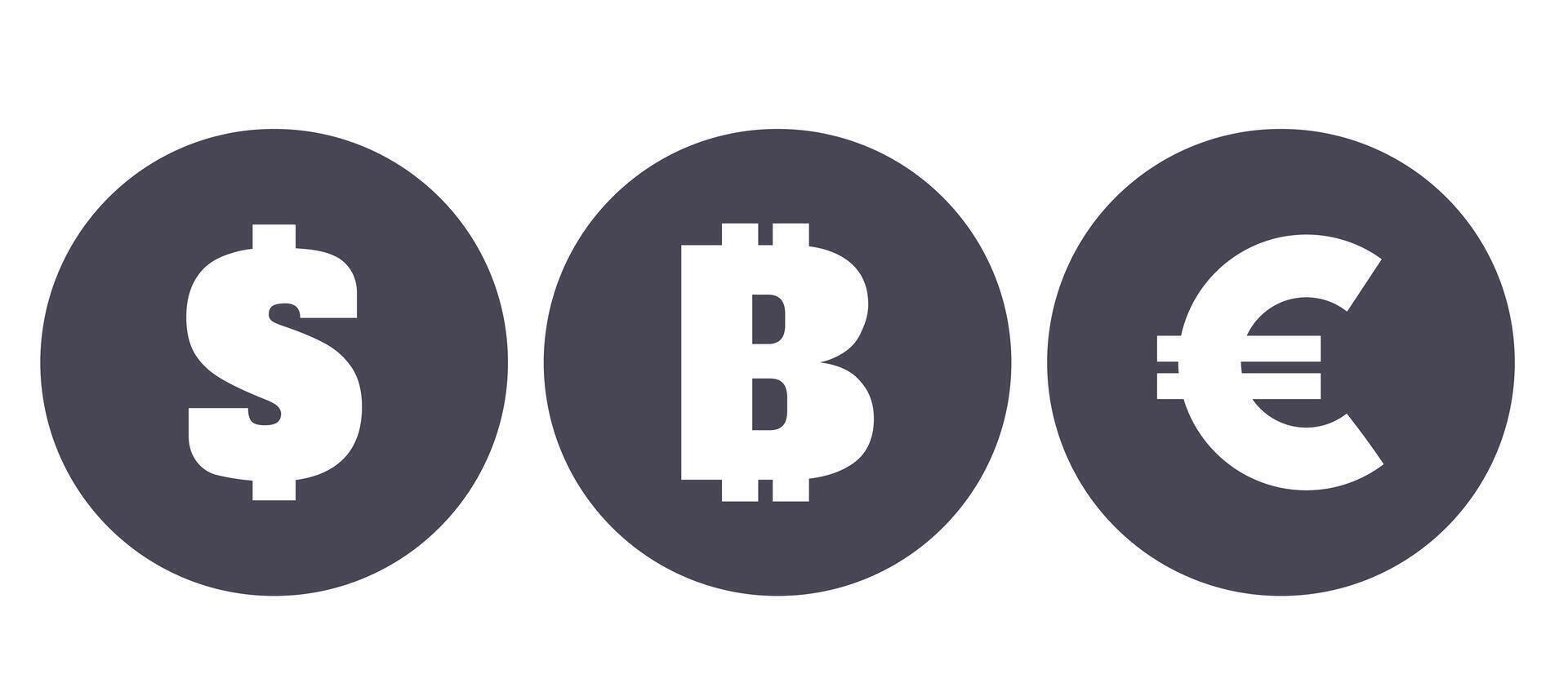 Currency icon set. Money symbols isolated on white background. Bitcoin sign. American Dollar icon. British Pound sterling. illustration for bussiness, financy, currency exchange vector