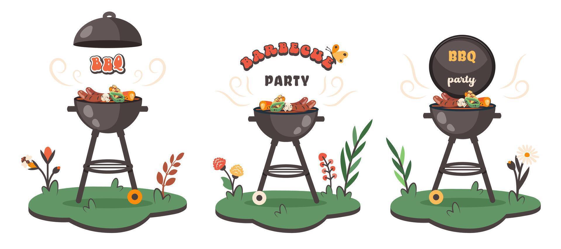 Bbq time. Set of Barbecue cliparts with brazier, grill, steaks, meat food, vegetables at home. BBQ party art. Family dinner. cartoon illustration for banner, holiday card, summer picnic, flyer vector