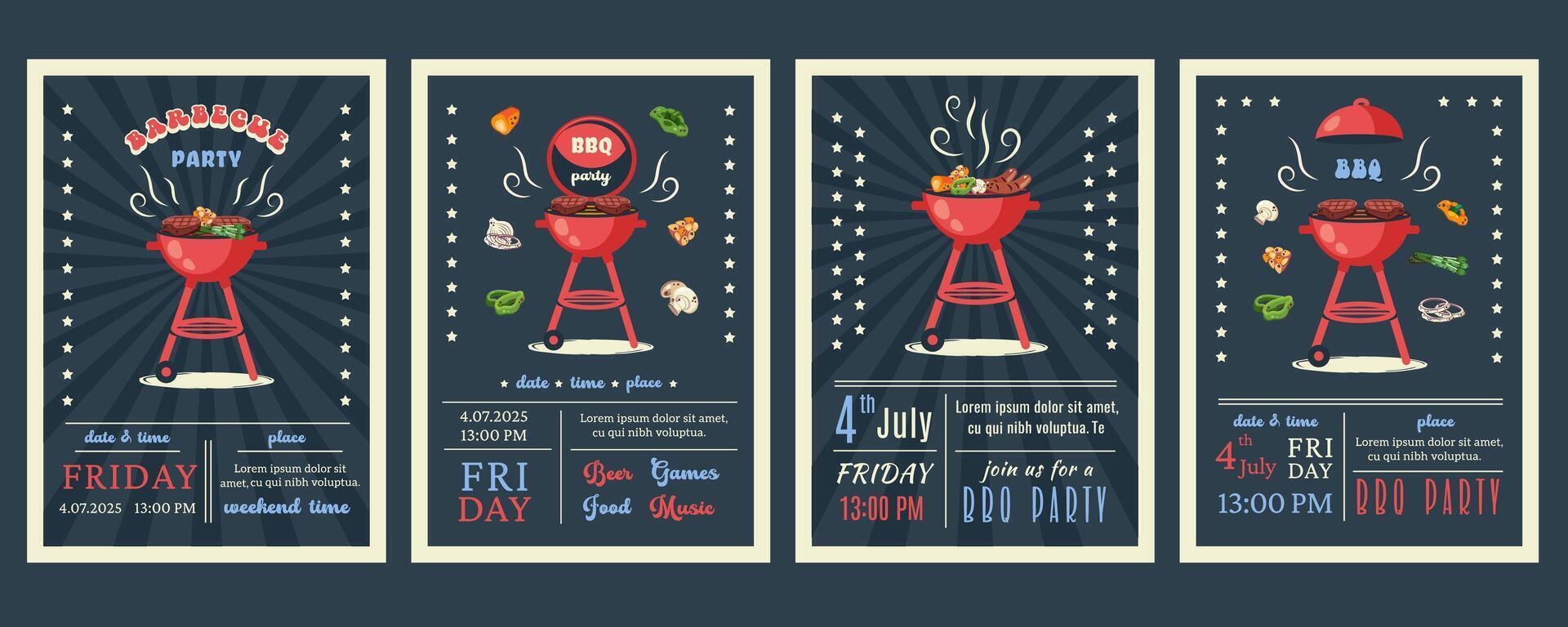 Set of Bbq Celebration posters. 4th of July BBQ Party. Independence Day. Holiday cards with national American symbols. Barbecue grill. Summer picnic. illustration with steaks and vegetables vector