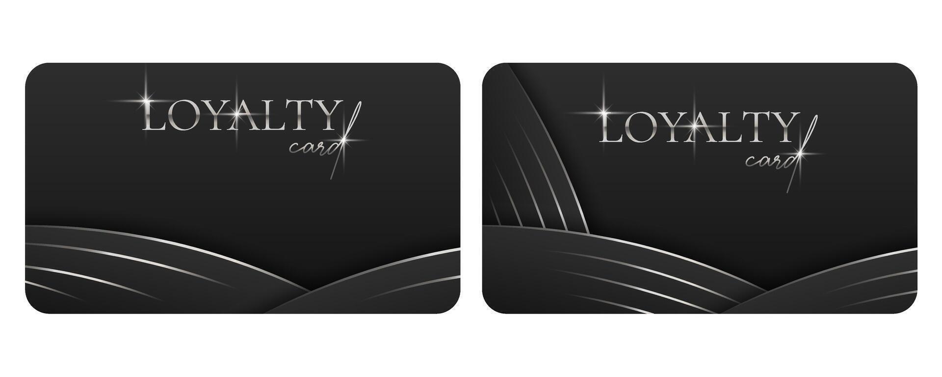 Loyalty card template set. Elegant Black business card with silvery 3d text and lines. Realistic elements. Luxury design. illustration for vip, bonus card, gift certificate, invitation vector