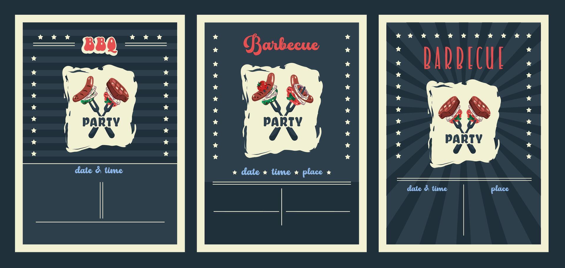 Set of 4th of July BBQ Party Invitation. Bbq Celebration. Independence Day holiday cards with national American symbols. Barbecue grill design and summer picnic. vector