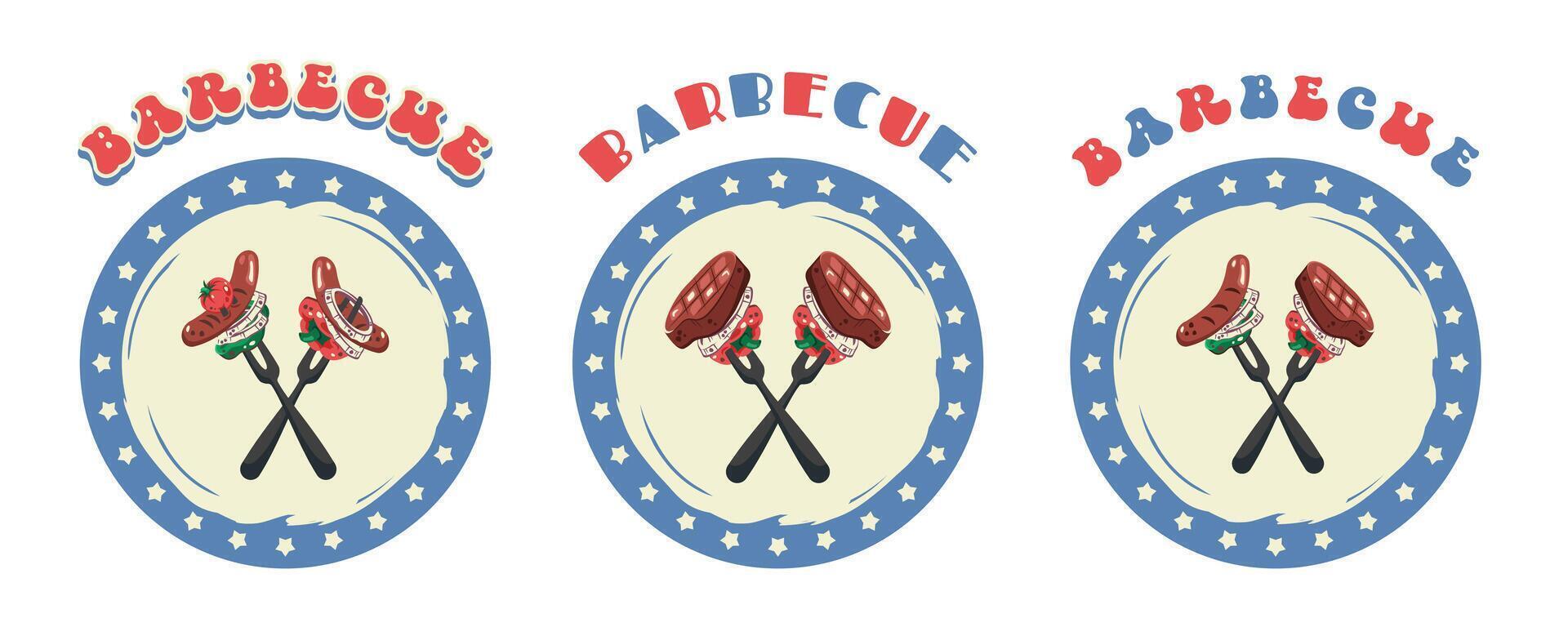 Set of bbq icons isolated. American Independence Day. Bbq sidns with American national symbol. Barbecue grill with steaks, food, vegetables, sausages. Festive picnic elements. vector