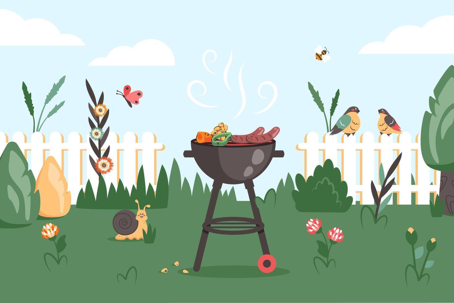 BBQ party. Barbecue background with brazier, grill, steaks, meat food, vegetables at home. Bbq time. Family dinner. cartoon illustration for banner, holiday card, summer picnic, flyer, poster vector