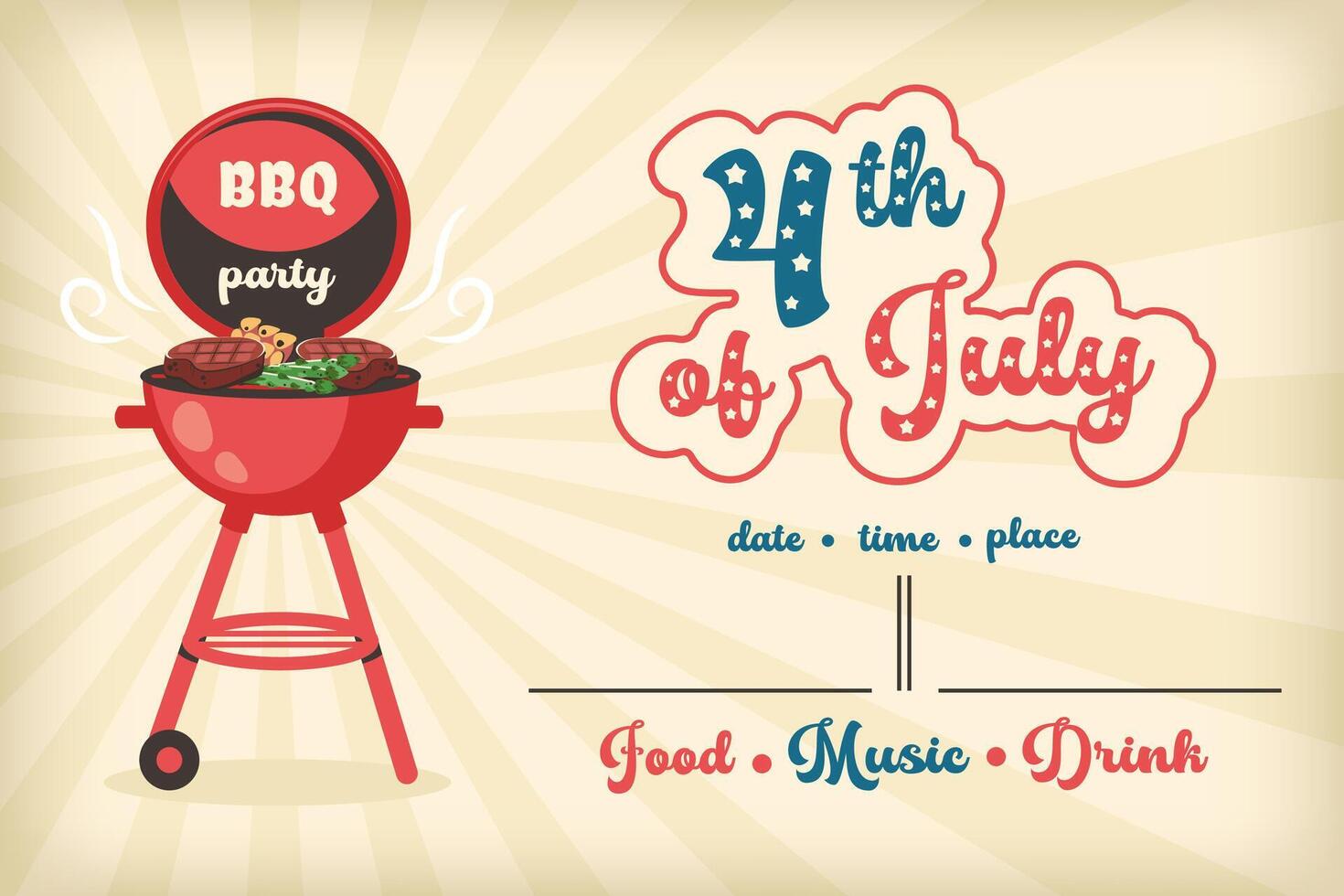 4th of July background. American Independence Day. Bbq party with brazier, steaks, vegetables. Barbecue grill. Picnic elements. flat illustration for invitations, banners, flyers vector