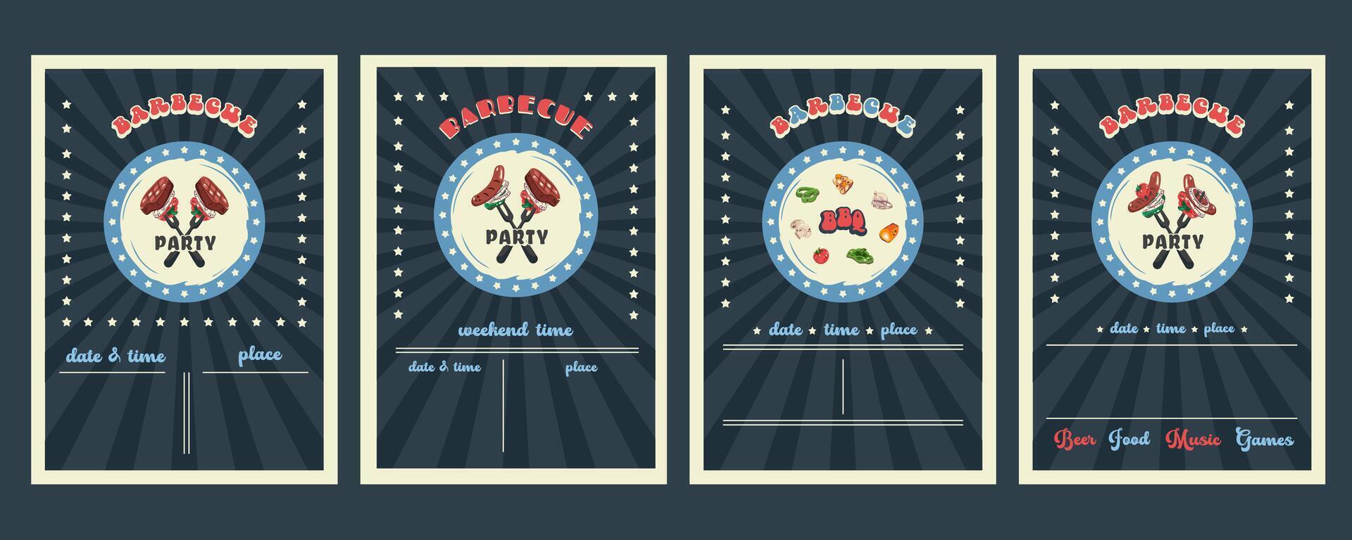 4th of July BBQ Party Invitation Set. Bbq Celebration. Independence Day holiday cards with national American symbols. Barbecue grill design and summer picnic. illustration vector