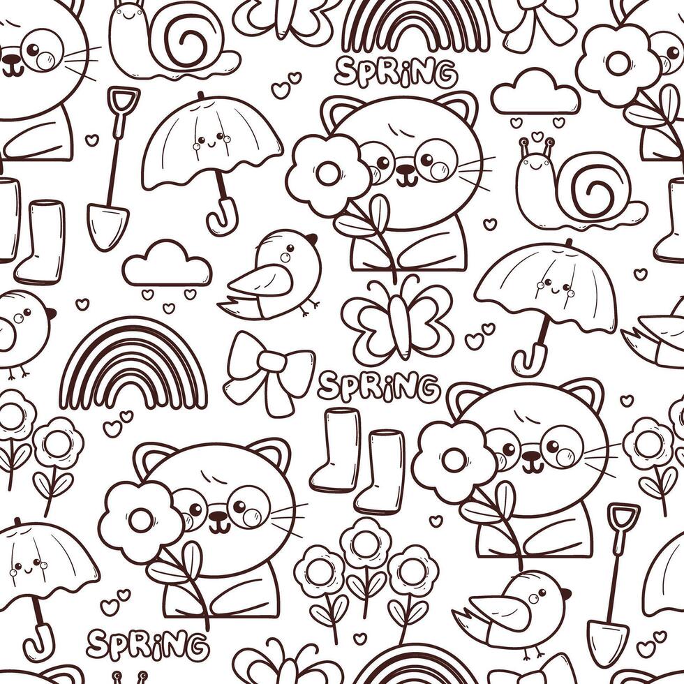 seamless pattern cartoon cat with flowers and spring stuff. cute black and white animal pattern for wallpaper, background and gift wrap paper vector