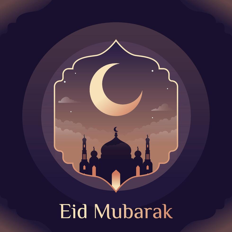 Eid mubarak greeting card with mosque and crescent vector