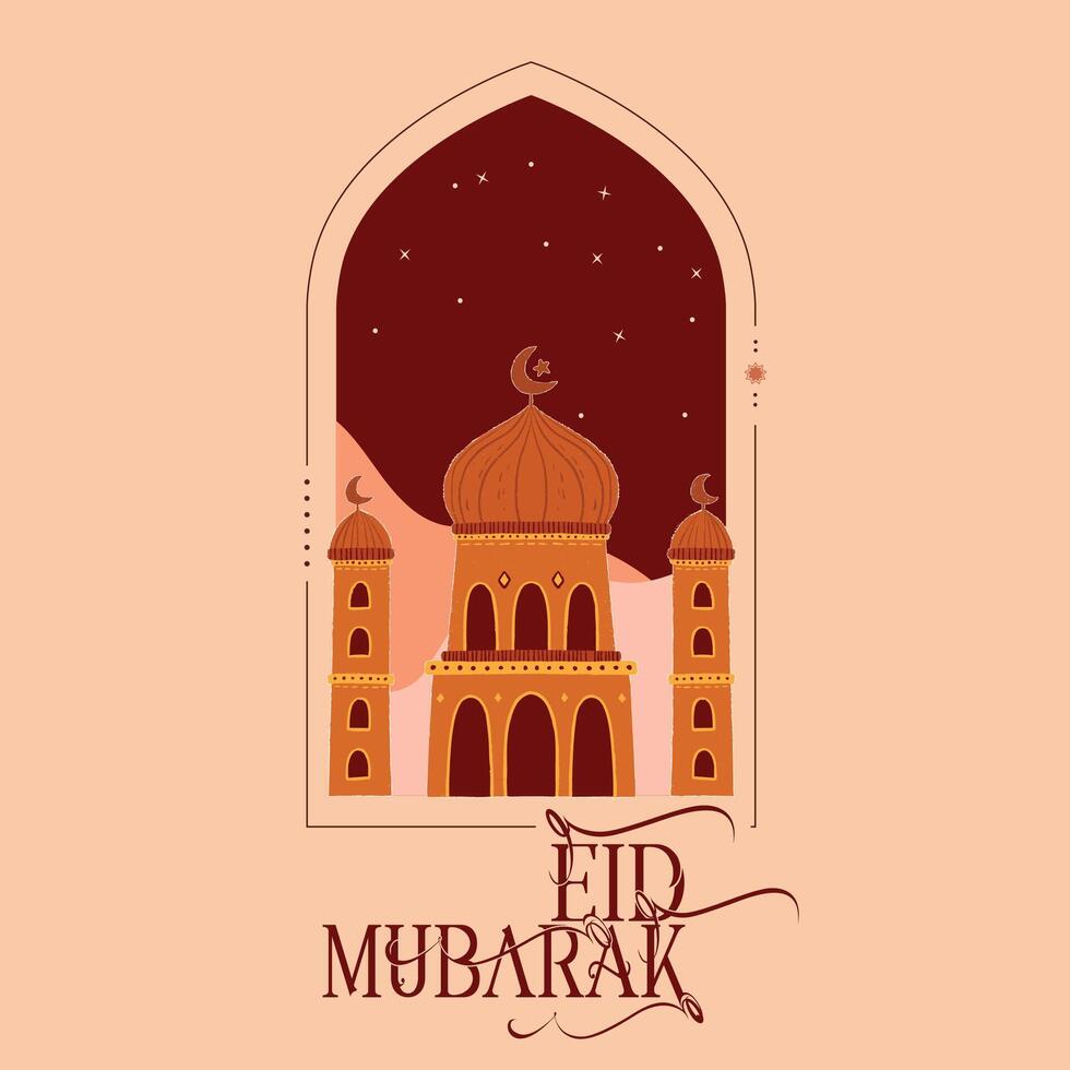 Eid Mubarak greeting card with mosque illustration vector