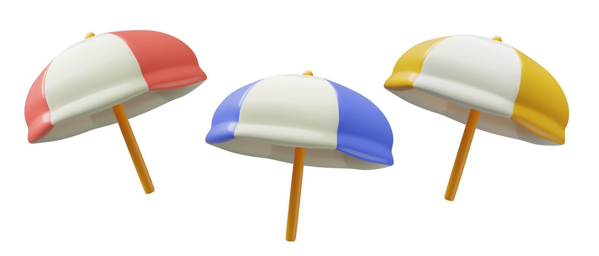 Beach umbrella red yellow and blue 3d parasol icons vector