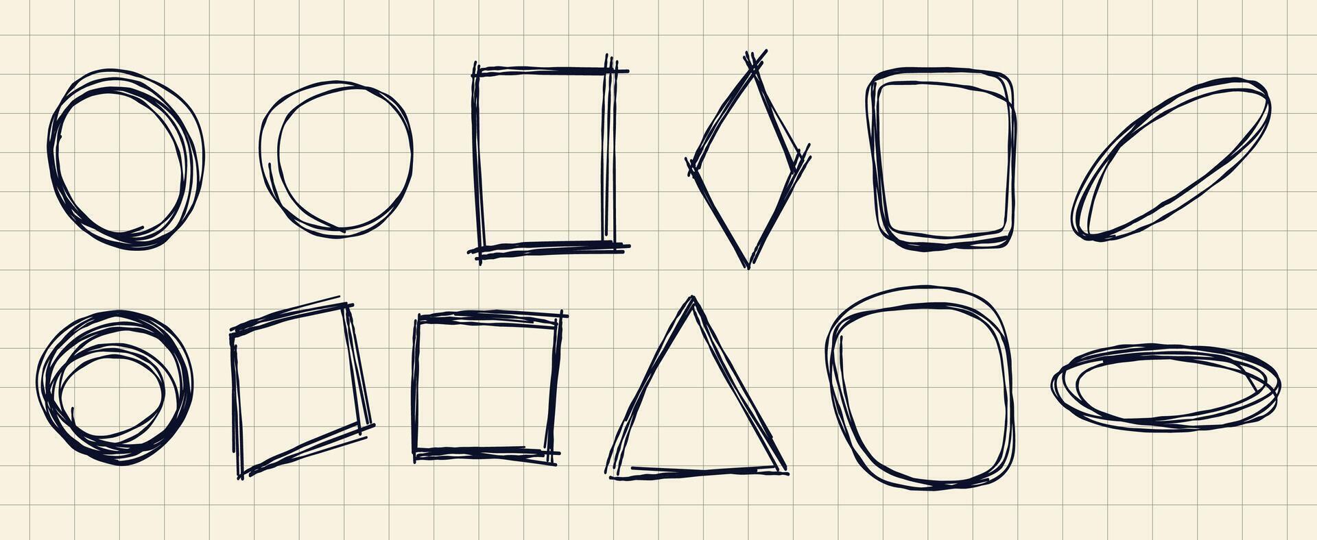 Set of hand drawn scribble frames in various geometric shapes on a grid background. Perfect for creative design, sketch elements, abstract compositions, doodle art, branding, and social media. vector
