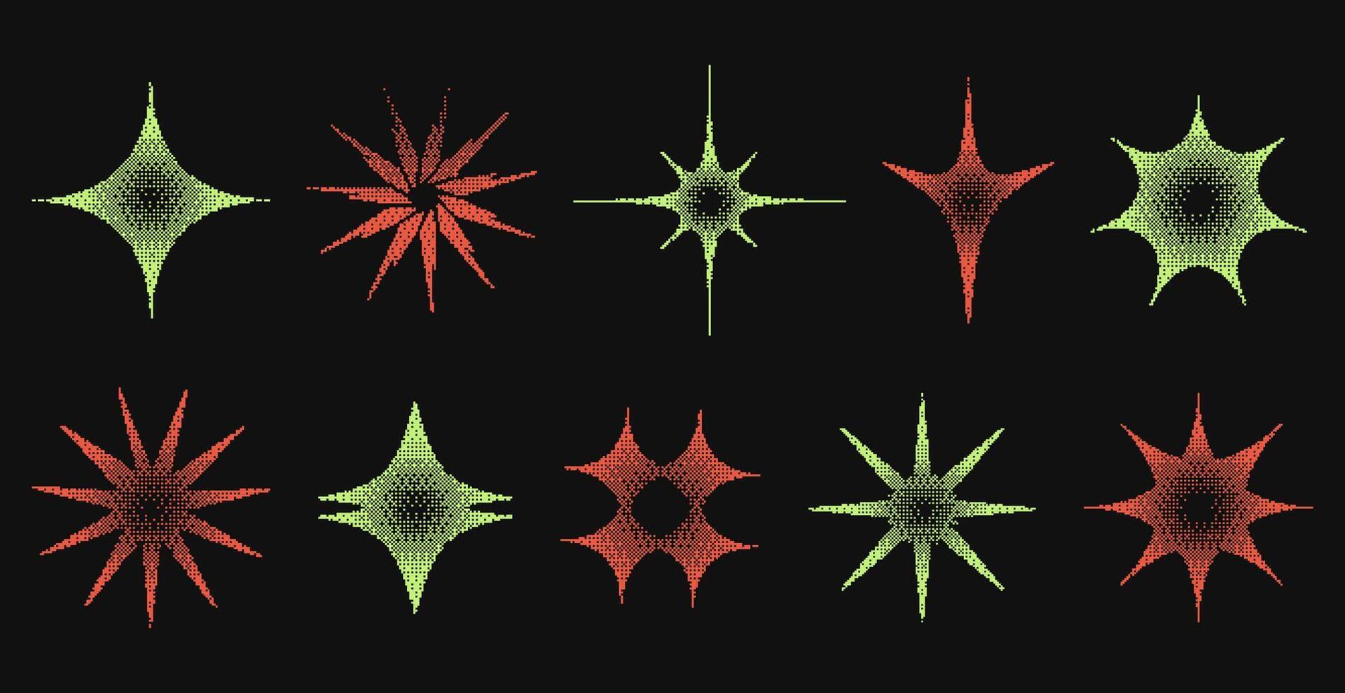 A collection of abstract bitmap star shapes. Metamodern, edgy, and futuristic elements perfect for posters, digital art, and trendy anti-design projects. vector