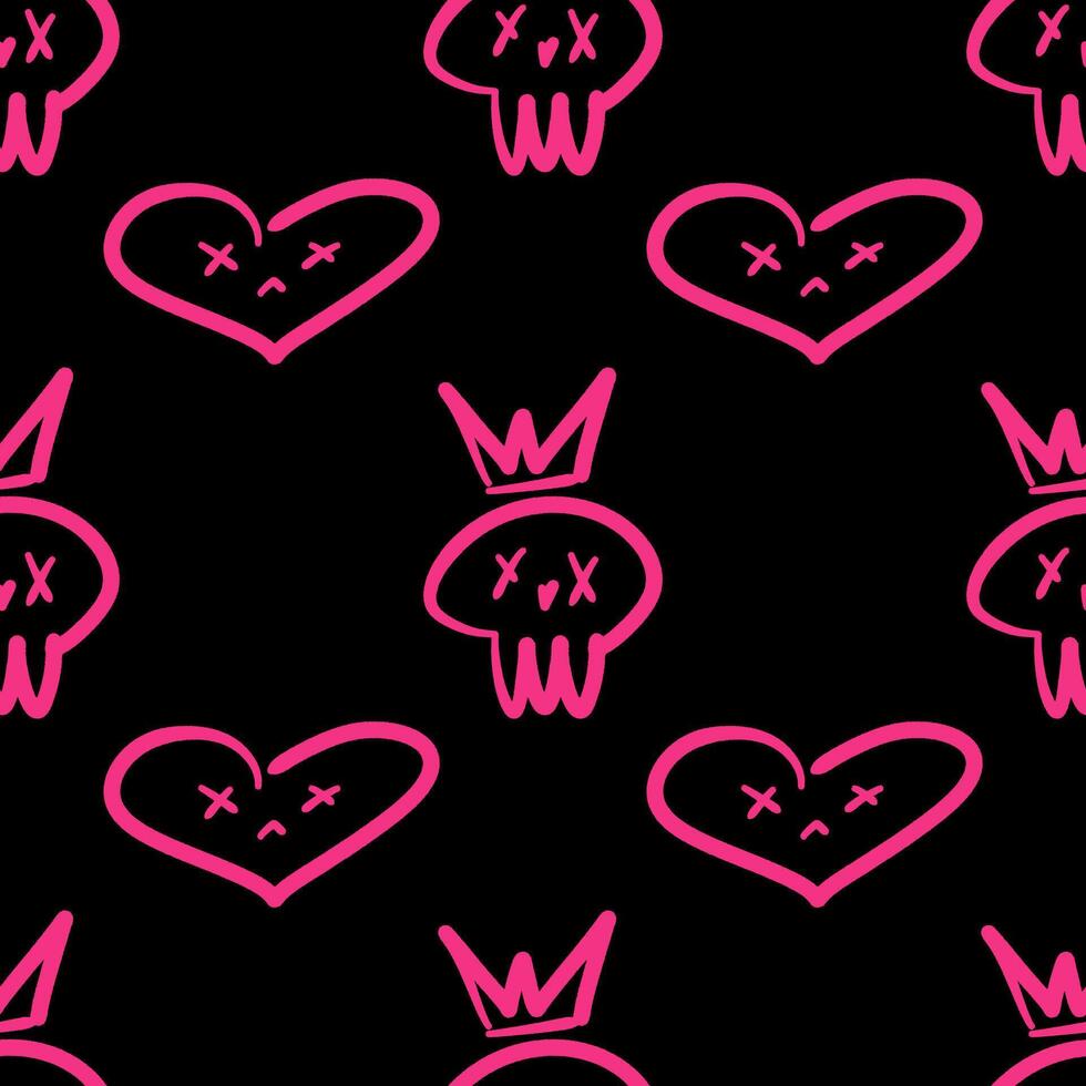 Graffiti style seamless pattern with pink scribble skulls and sad hearts. Edgy, punk, and alternative aesthetic for textiles, wallpapers, and rebellious streetwear fashion designs. vector
