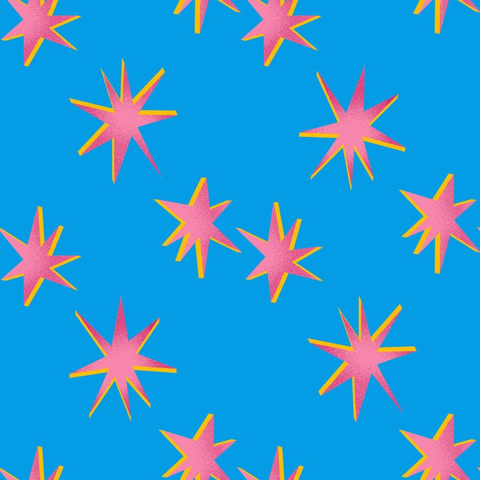 Dopamine style seamless pattern with pink stars. Retro grain texture. Ideal for textile design, bold prints, party decor. vector
