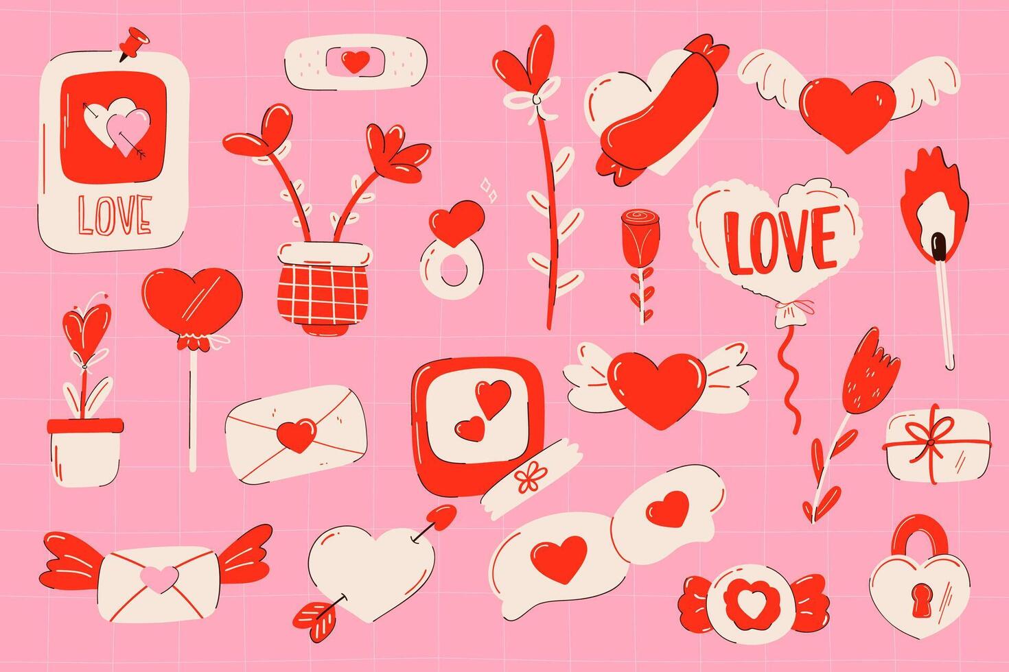 Cute set of love doodles in red and pink tones. Hearts, wings, gift boxes, speech bubble, photo frame, mail, match, ring, band aid and ribbons. Perfect for greeting cards, social media, Valentine's Da vector