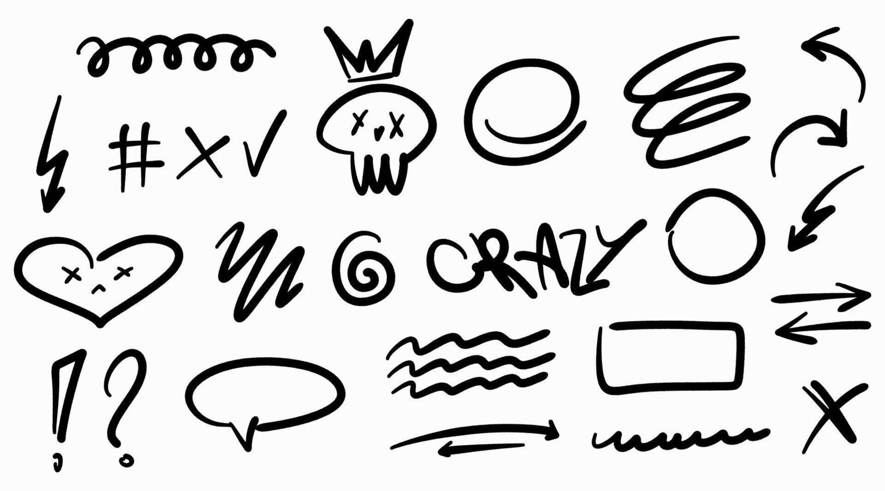 Hand drawn graffiti doodles. Includes scribble, arrows, skull, heart, symbols, and expressive strokes. Perfect for street art, urban designs, posters. vector