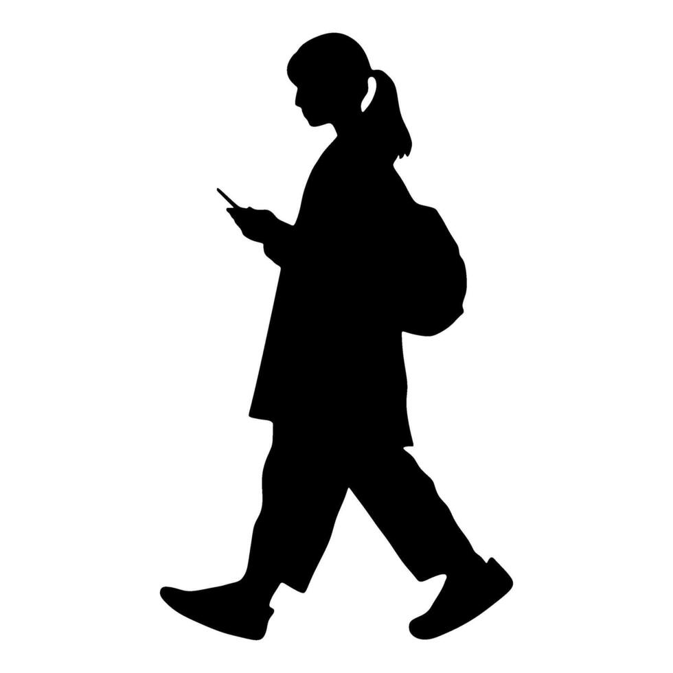 Silhouette of a woman walking with a cell phone vector