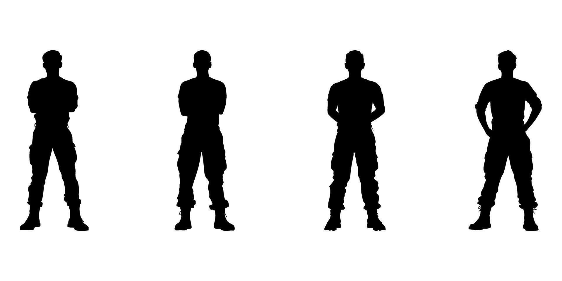 Silhouetted Military Personnel Icon Set. Standing Soldier Poses Solid Symbol Collection. Defense And Security Visuals. Isolated Illustration vector
