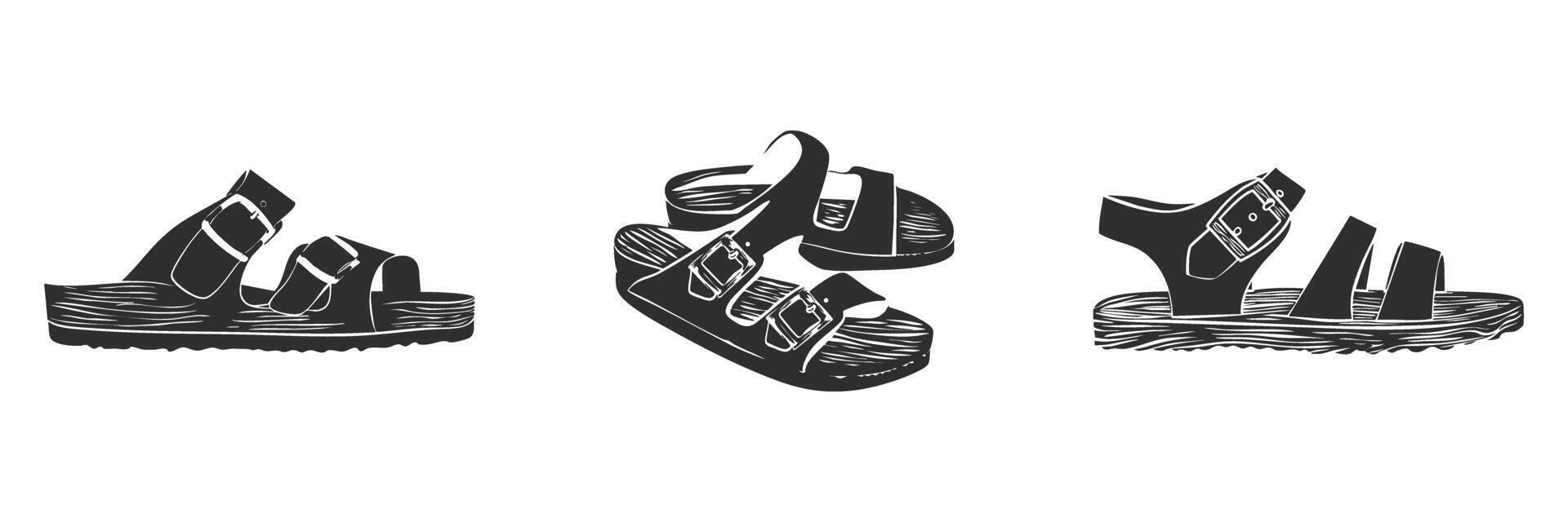 Silhouette Sandal Collection. Casual Footwear Design With Buckles Isolated Illustration Set vector
