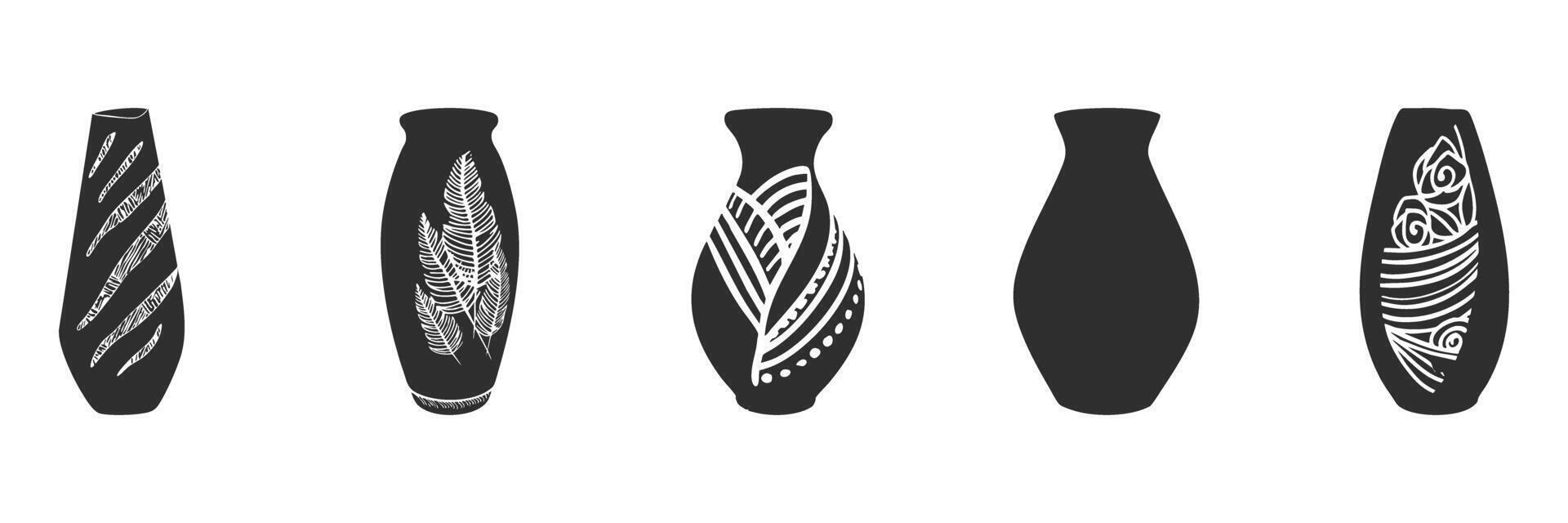 Decorative Vase Silhouette Set. Artistic Patterns And Designs Isolated Illustration Collection vector