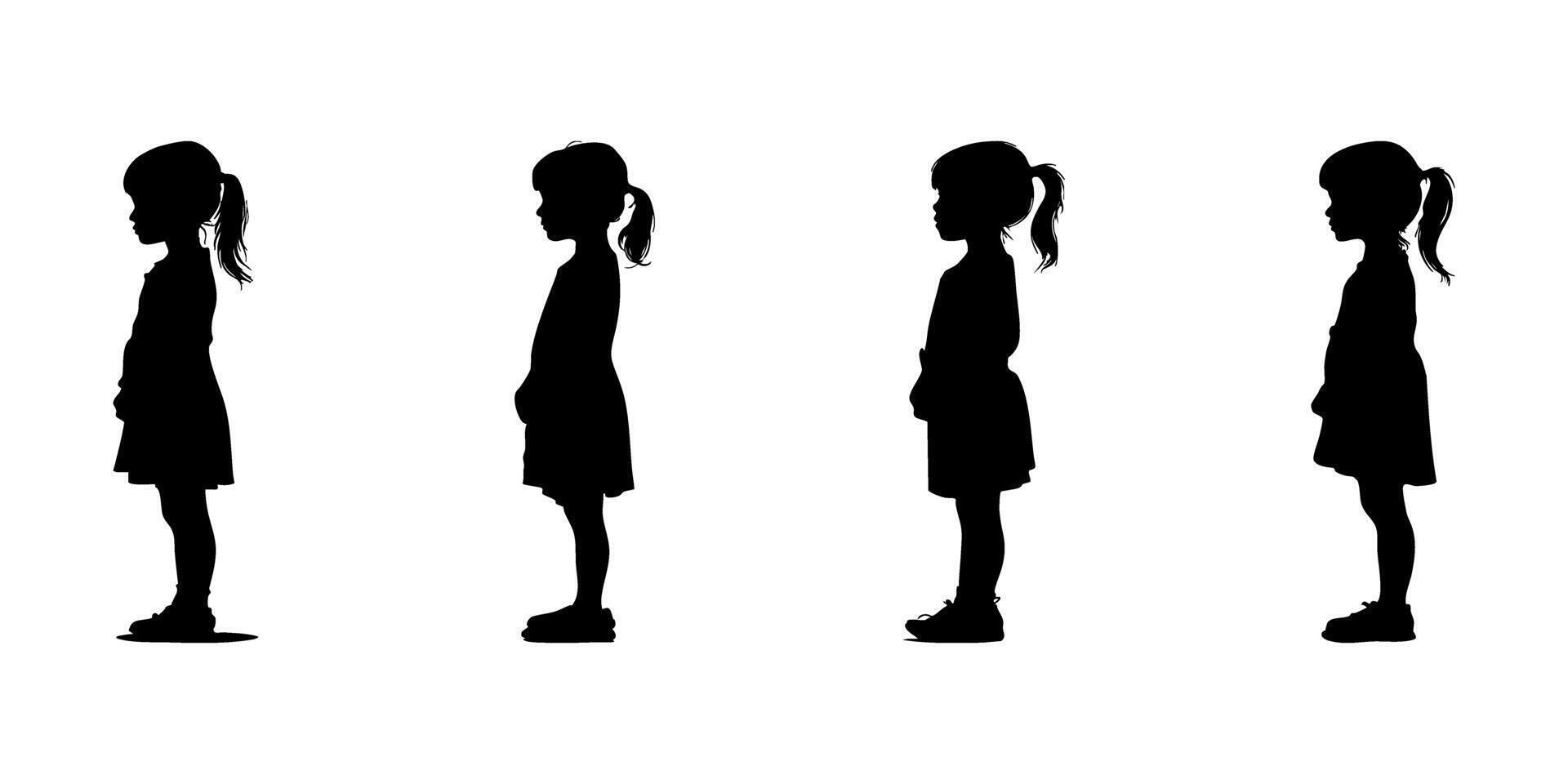 Silhouette Of Standing Children In Side View Icon Set. Growth And Development Observation Symbol Collection. Educational And Parenting Visuals. Isolated Illustration vector