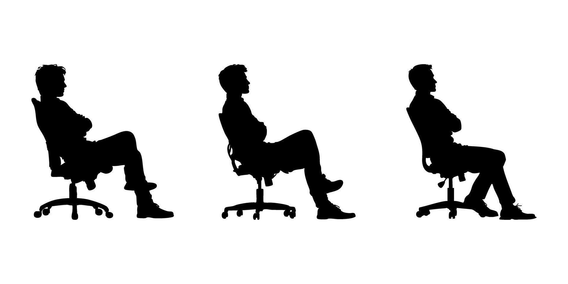 Seated Men In Office Chairs Silhouette Icon Set. Relaxed And Professional Posture Symbol Collection. Workplace And Body Language Reference. Isolated Illustration vector