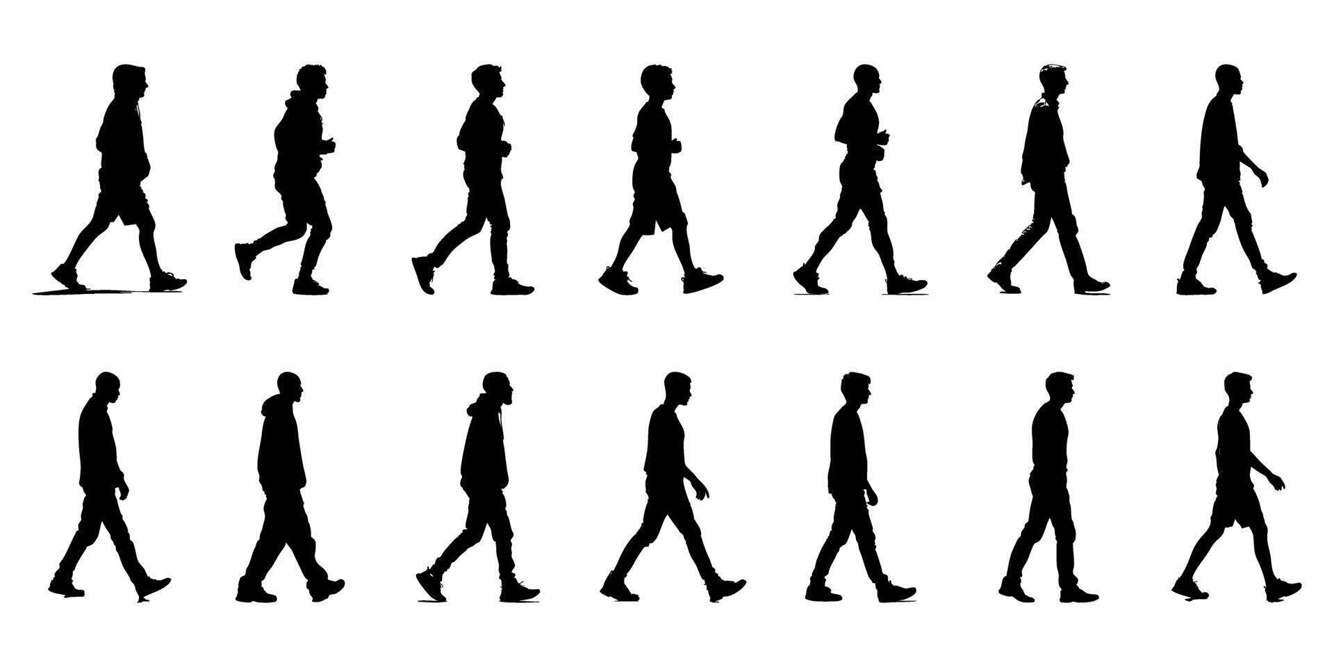 Walking Men Silhouette Icon Set. Dynamic Motion And Posture Reference Solid Symbol Collection. Isolated Illustration vector