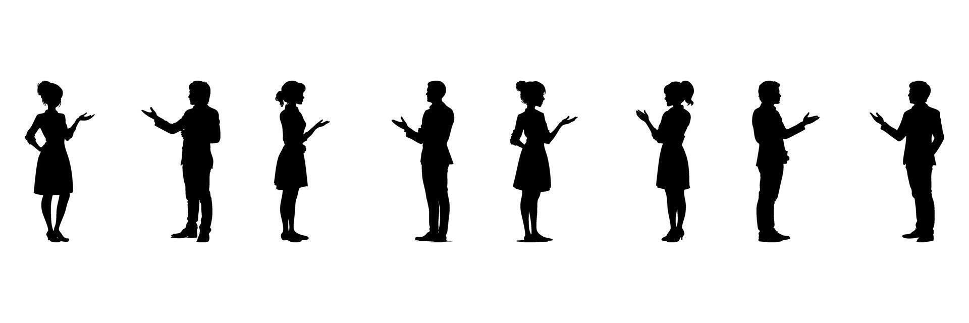 Silhouetted Business People In Conversation Icon Set. Professional Interaction And Communication Symbol Collection. Corporate And Teamwork Visuals. Isolated Illustration vector