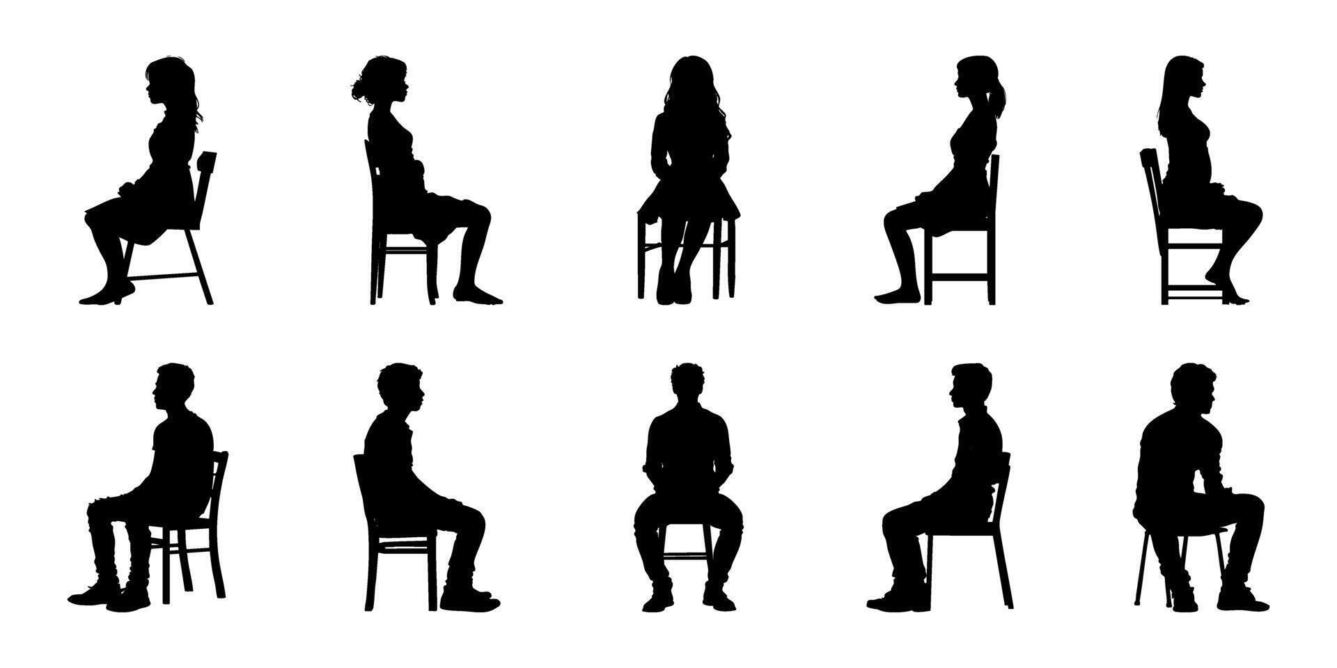 Seated Men And Women Silhouette Icon Set. Sitting Posture And Body Language Symbol Collection. Lifestyle And Ergonomic Reference For Design And Animation. Isolated Illustration vector