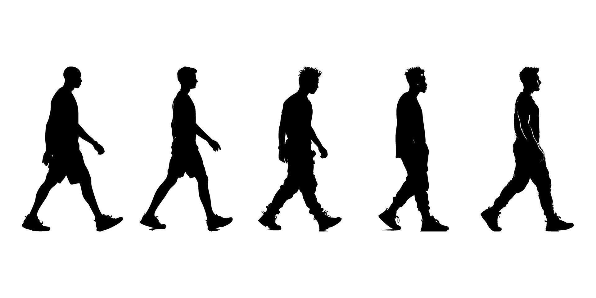 Walking Men Silhouette Icon Set. Dynamic Movement And Posture Symbol Collection. Fitness And Lifestyle Visuals. Isolated Illustration vector