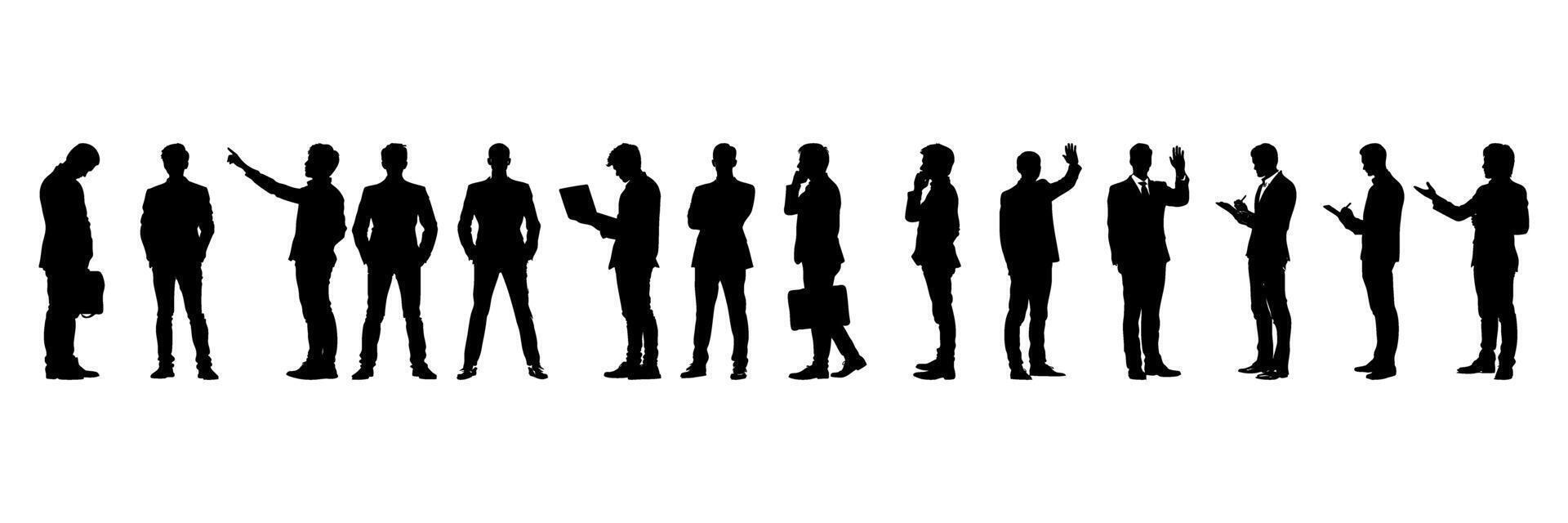 Business Professionals In Various Poses Silhouette Icon Set. Corporate Communication And Interaction Symbol Collection. Business And Office Use. Isolated Illustration vector