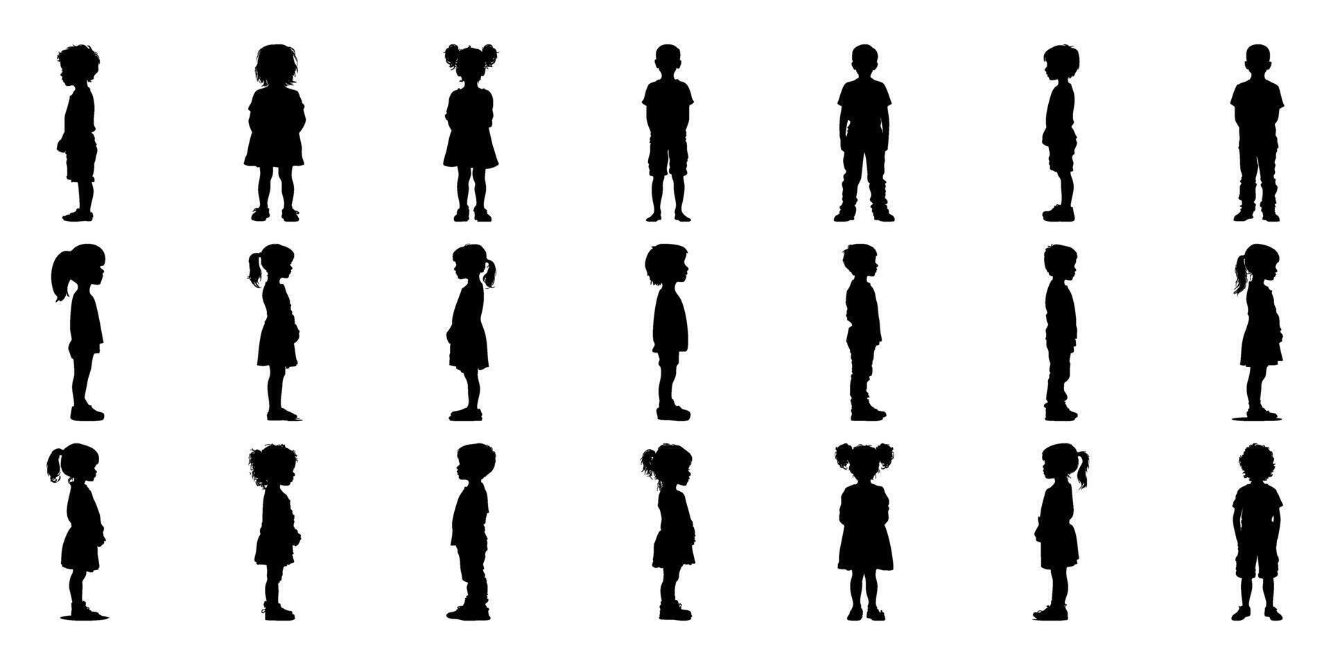 Children In Side View Solid Silhouette Icon Set. Growth And Development Observation Symbol Collection. Educational And Parenting Visuals. Isolated Illustration vector
