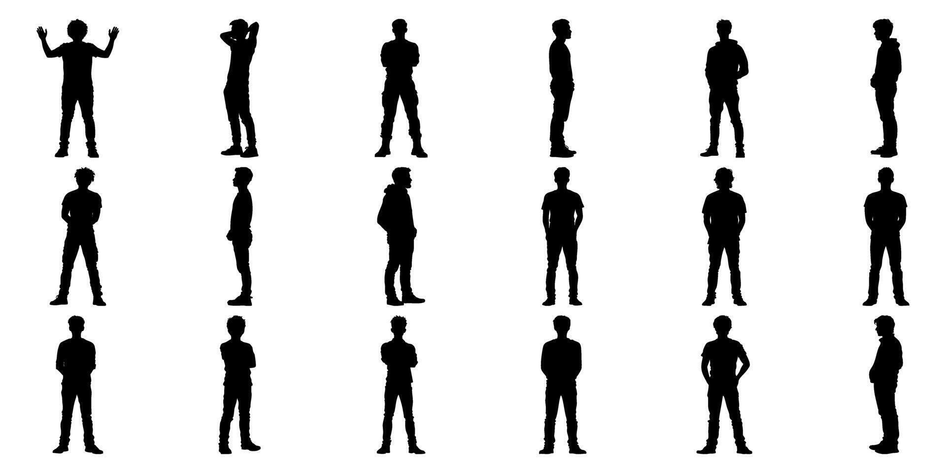 Silhouetted Male Figures In Various Poses Icon Set. Body Language And Posture Reference Solid Symbol Collection. Design, Animation, And Educational Use. Isolated Illustration vector