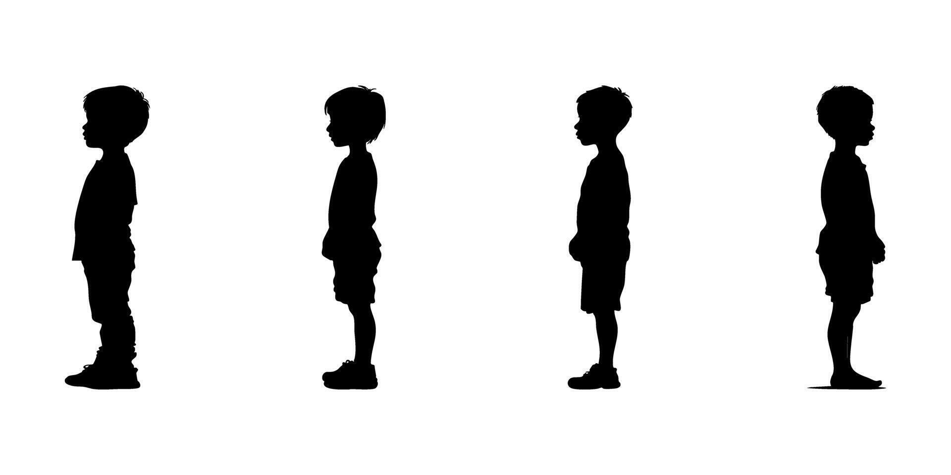 Silhouette Of Standing Children In Side View Icon Set. Growth And Development Observation Symbol Collection. Educational And Parenting Visuals. vector