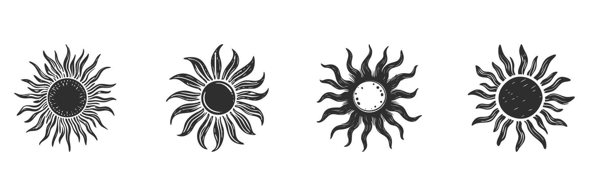 Sunburst Design Elements Silhouette Set. Artistic Sun Illustrations For Creative Projects. Isolated Illustration Collection vector